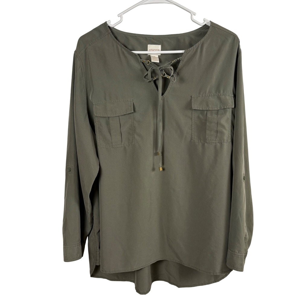 Chico's Blouse Women's 3/XL Petite Olive Green Lace Up Utility Safari Top